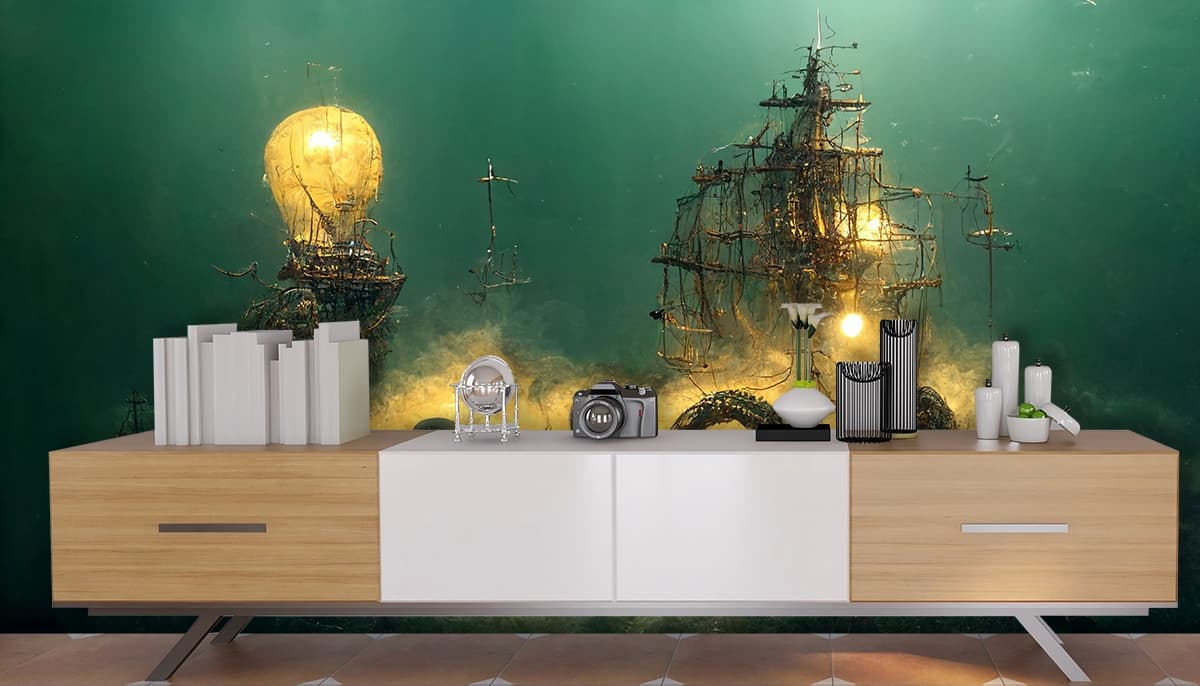 A ship and octopus under water shown in a room