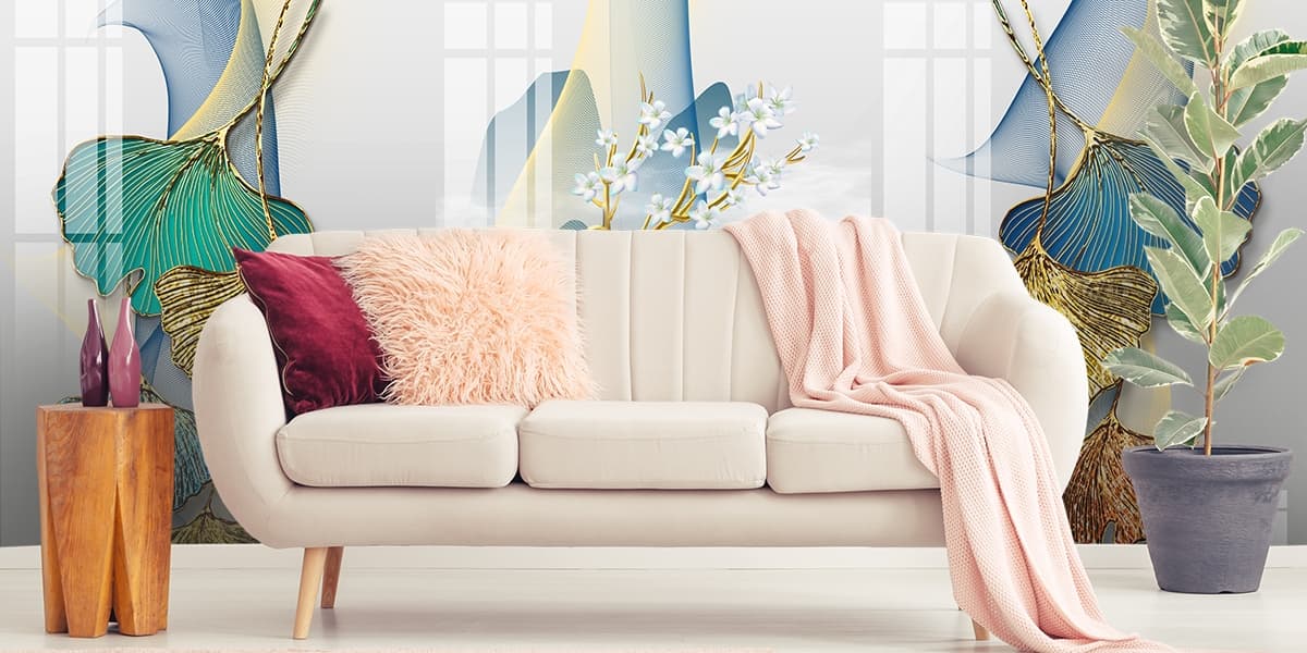 Elegant Deer with Gold and Floral Horns wallpaper shown in a room