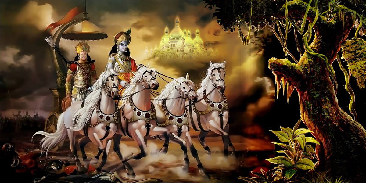 Bhagwan Krishna and Arjun in Chariot, Mahabharat Wallpaper for Wall pattern detail
