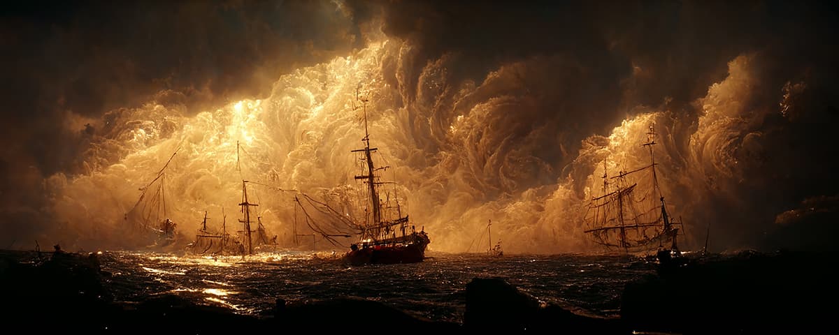 A large wave of water with a ship in the water pattern detail