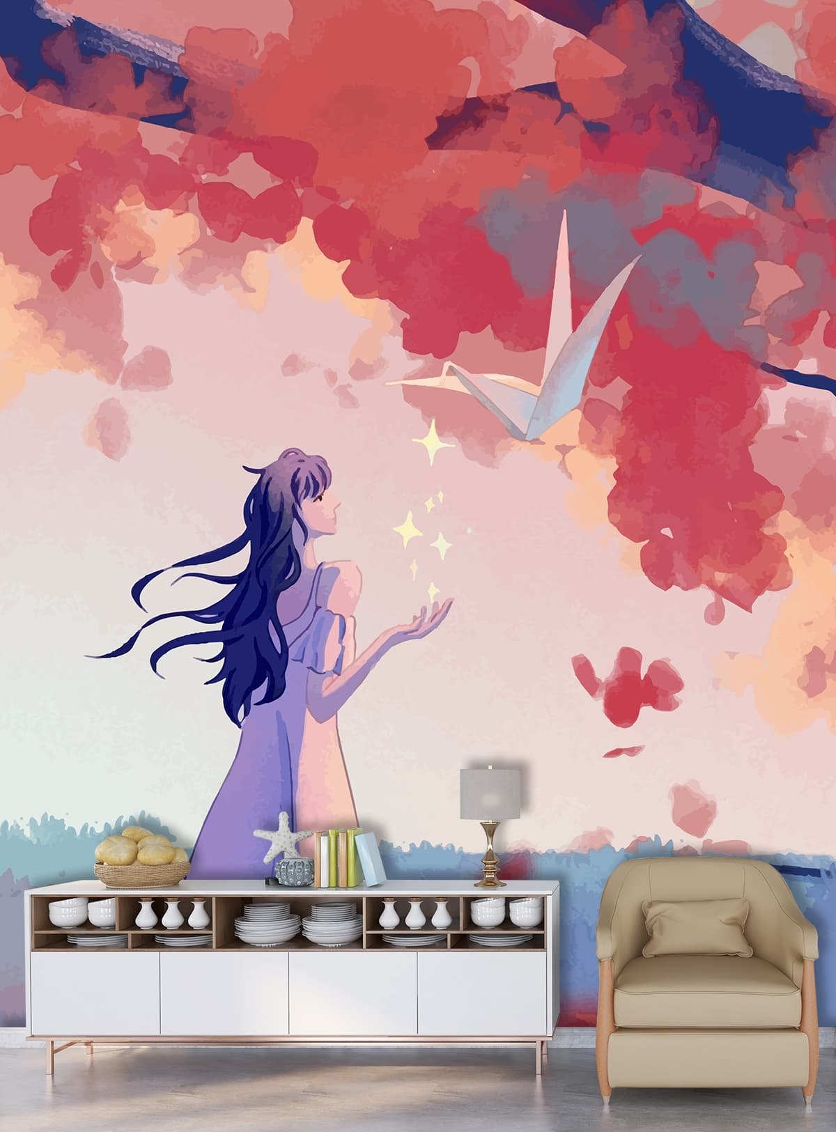 Designer Cartoon Woman with Stars Dreamy Wallpaper shown in a room