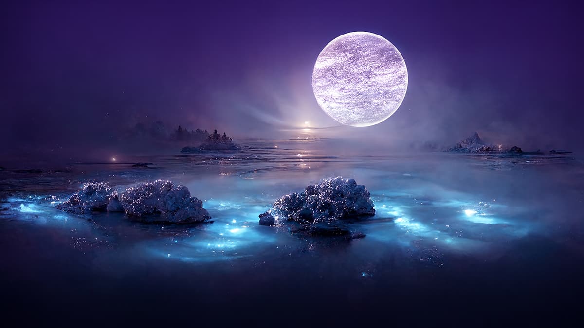 Moon Wallpaper with water, rocks and trees pattern detail