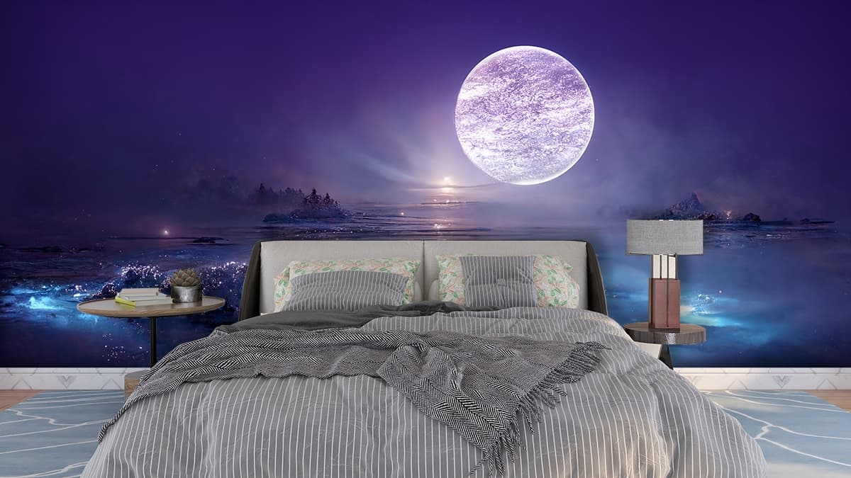Moon Wallpaper with water, rocks and trees shown in a room