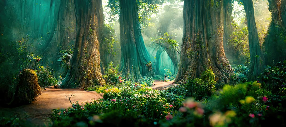 Fantasy forest with trees and plants wallpaper pattern detail