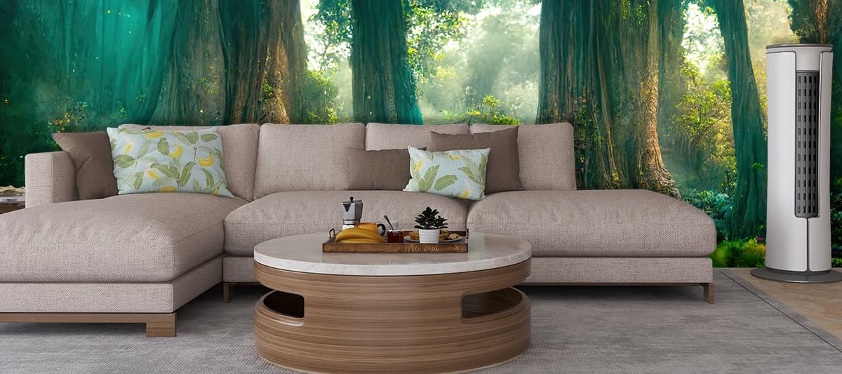 Fantasy forest with trees and plants wallpaper shown in a room