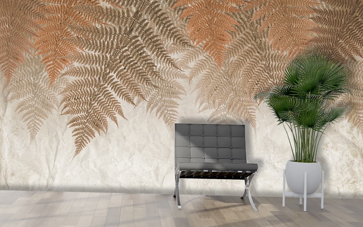 Soft Beige Background with Copper Fern Leaf Wallpaper shown in a room