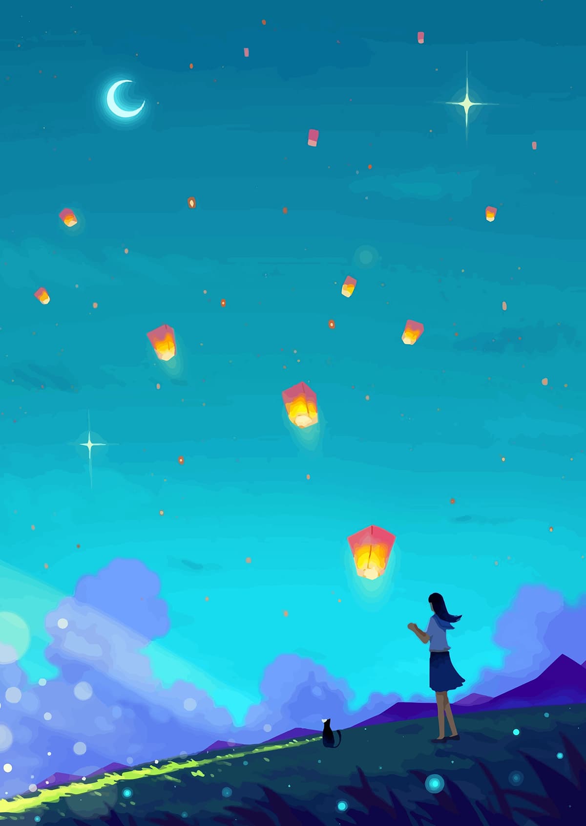 Dreamy Girl with Lanterns in Sky Landscape wallpaper pattern detail