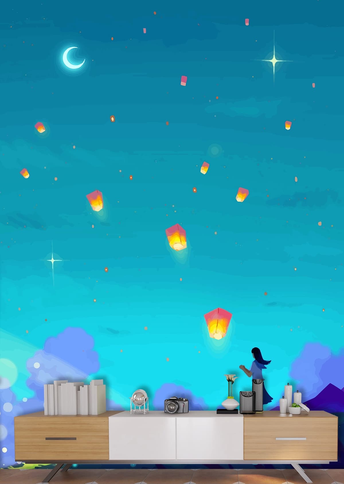 Dreamy Girl with Lanterns in Sky Landscape wallpaper shown in a room