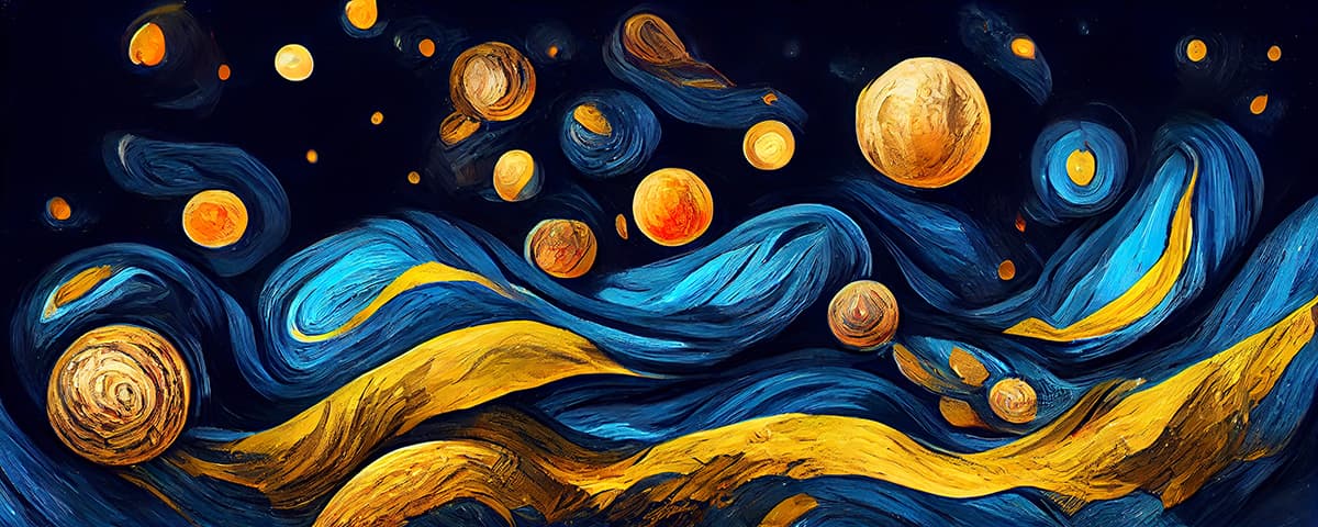 A painting of planets and waves pattern detail