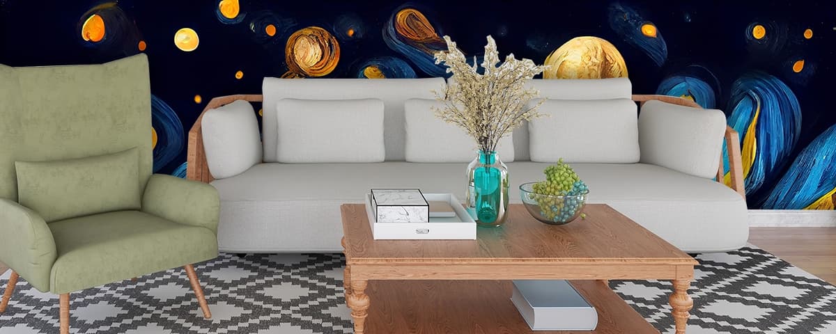 A painting of planets and waves shown in a room