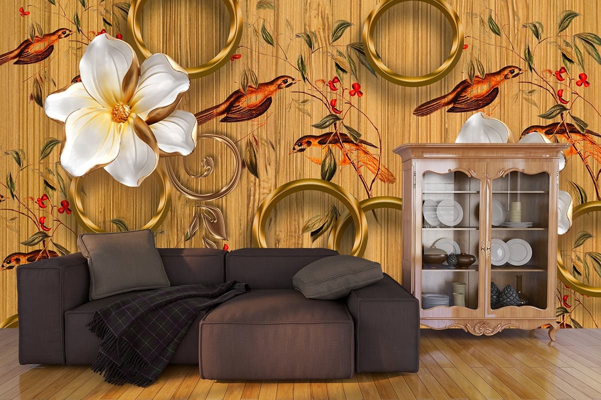 Birds Hanging on Branches Mural Wallpaper shown in a room