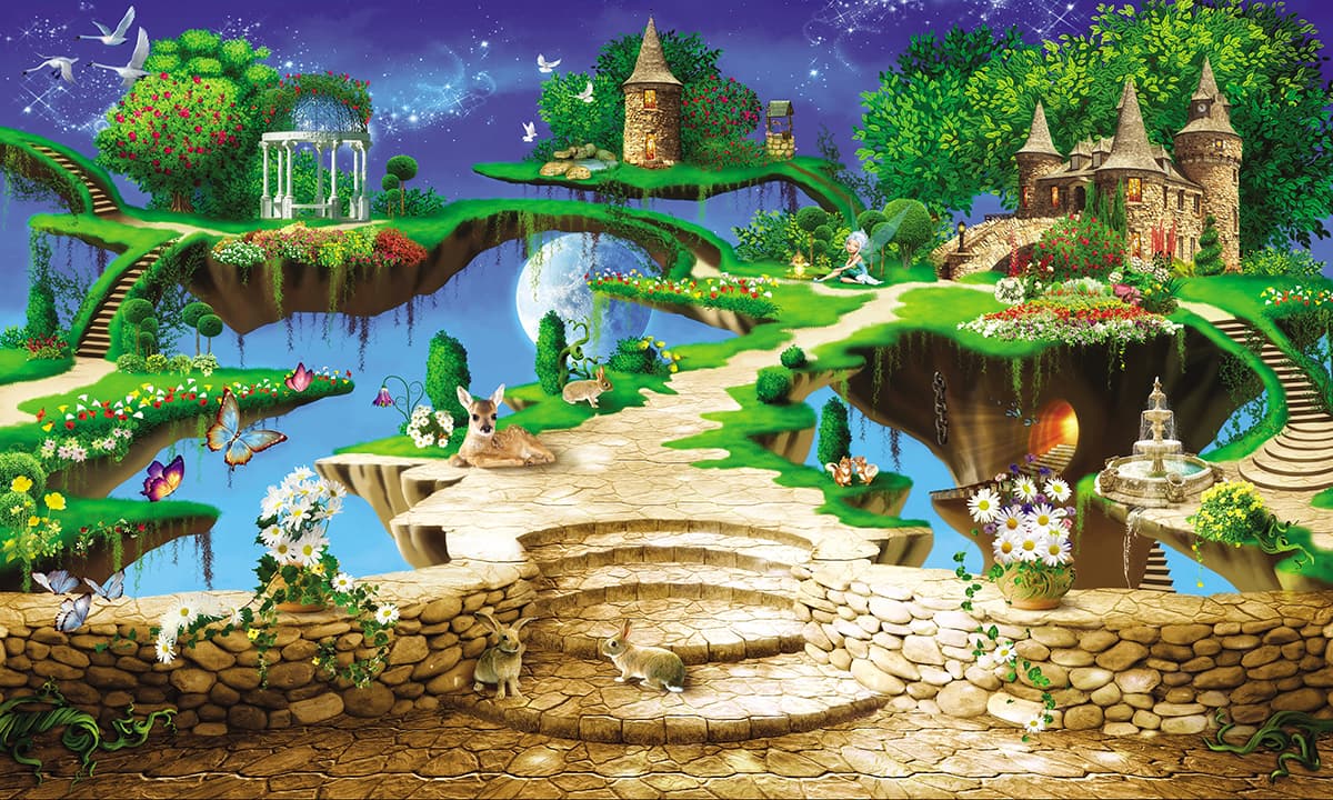 Magical Fairy Tale Cartoon Theme Kids Room Wallpaper pattern detail