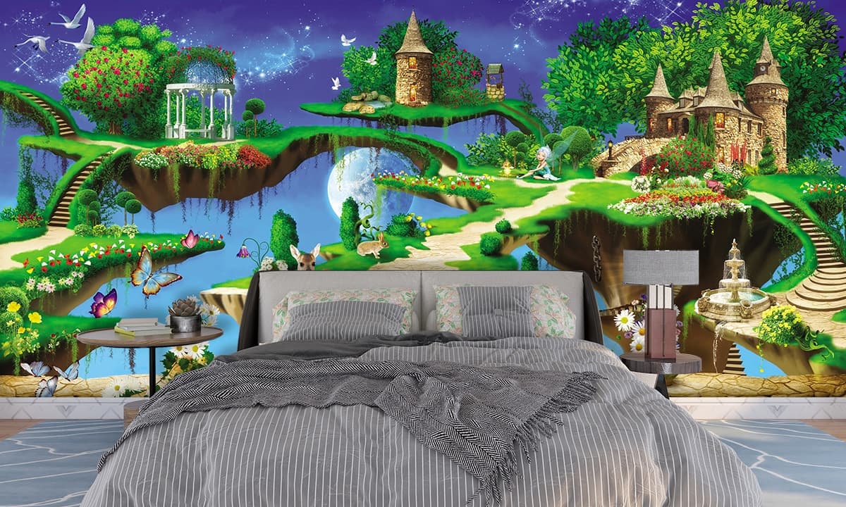 Magical Fairy Tale Cartoon Theme Kids Room Wallpaper shown in a room
