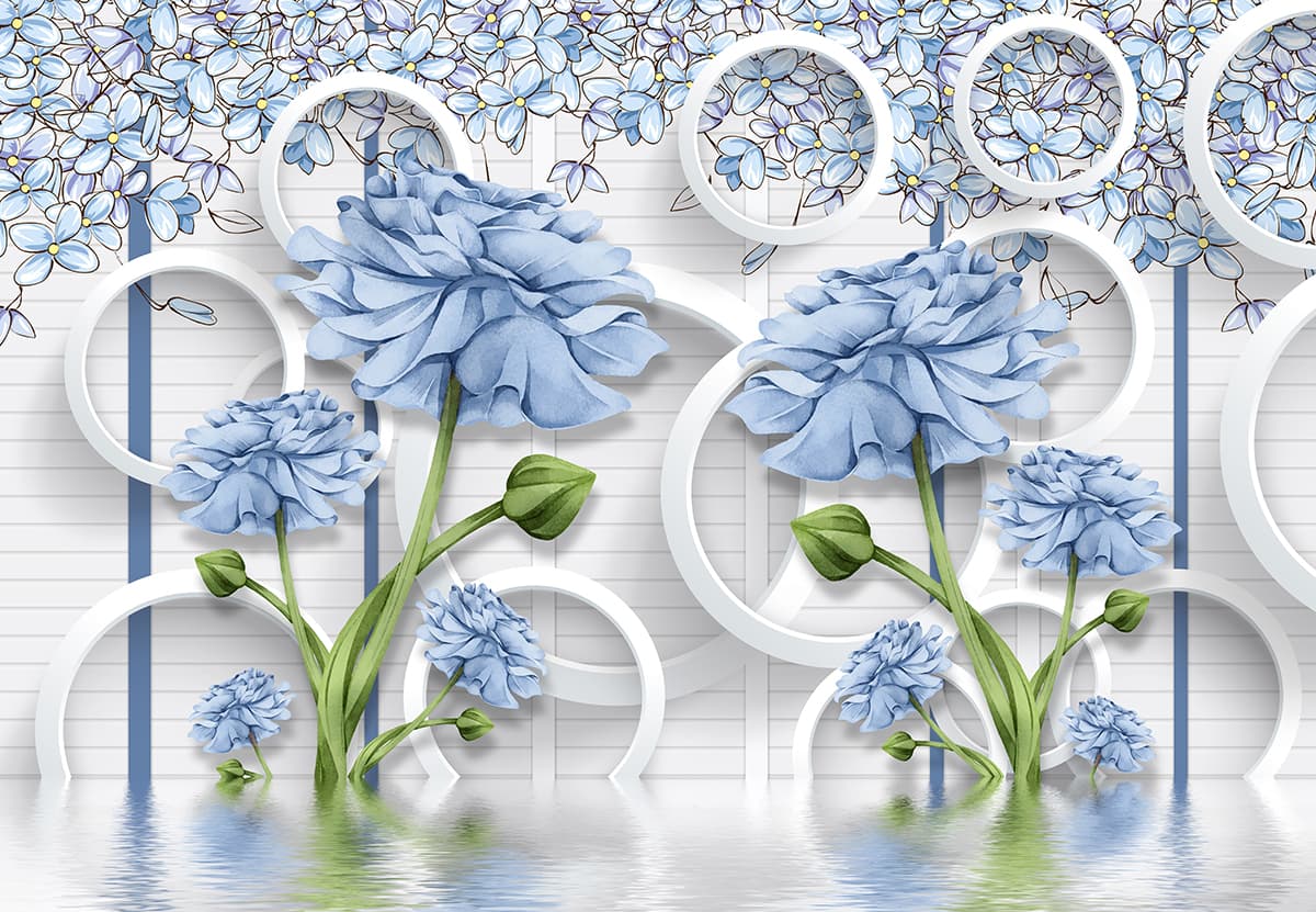 A mural of blue flowers and white circles pattern detail