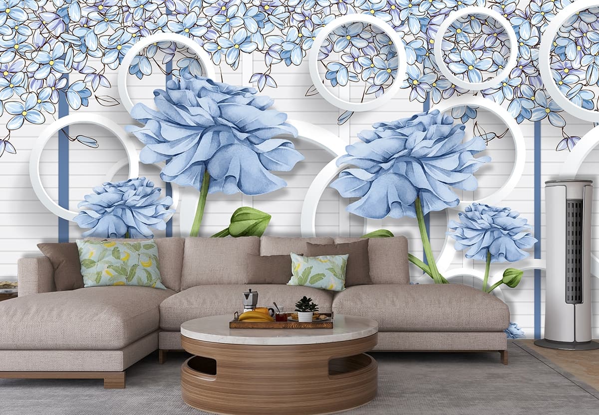 A mural of blue flowers and white circles shown in a room