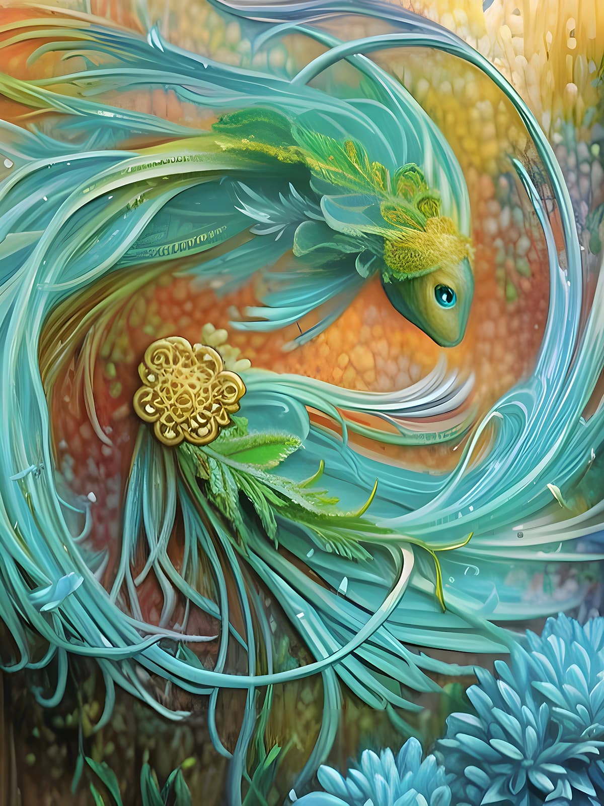 A blue and green animal pattern detail