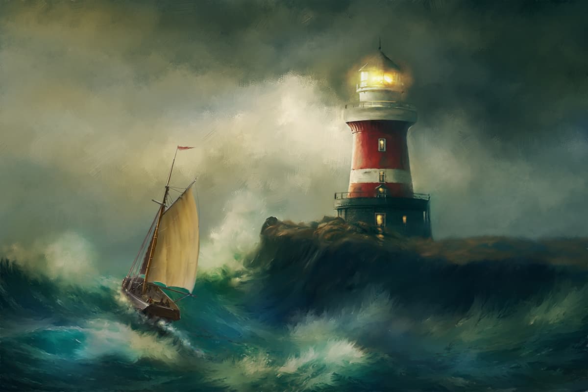 A sailboat sailing on a lighthouse pattern detail