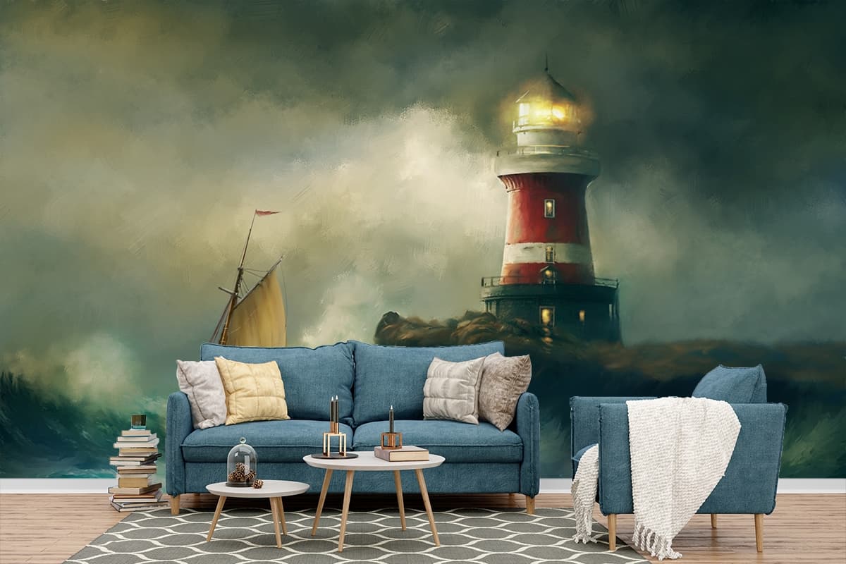 A sailboat sailing on a lighthouse shown in a room