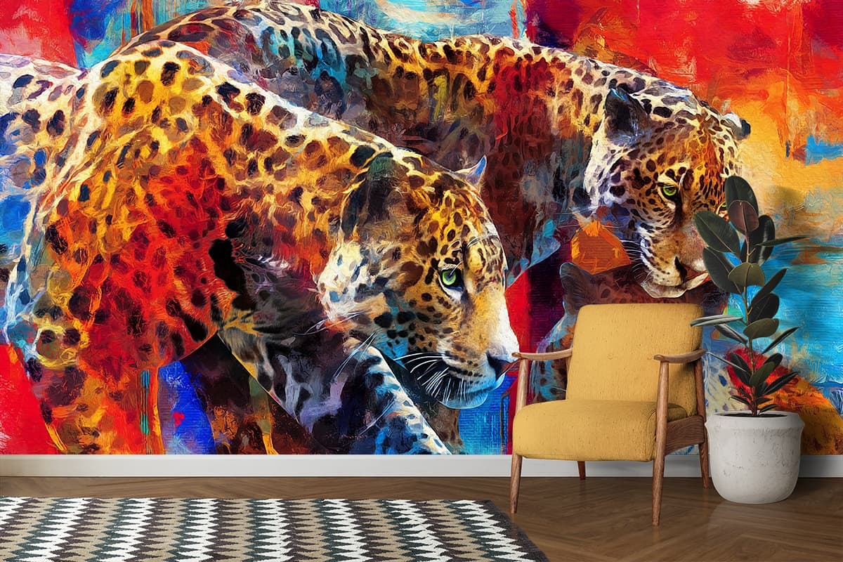 A group of leopards with different colors shown in a room