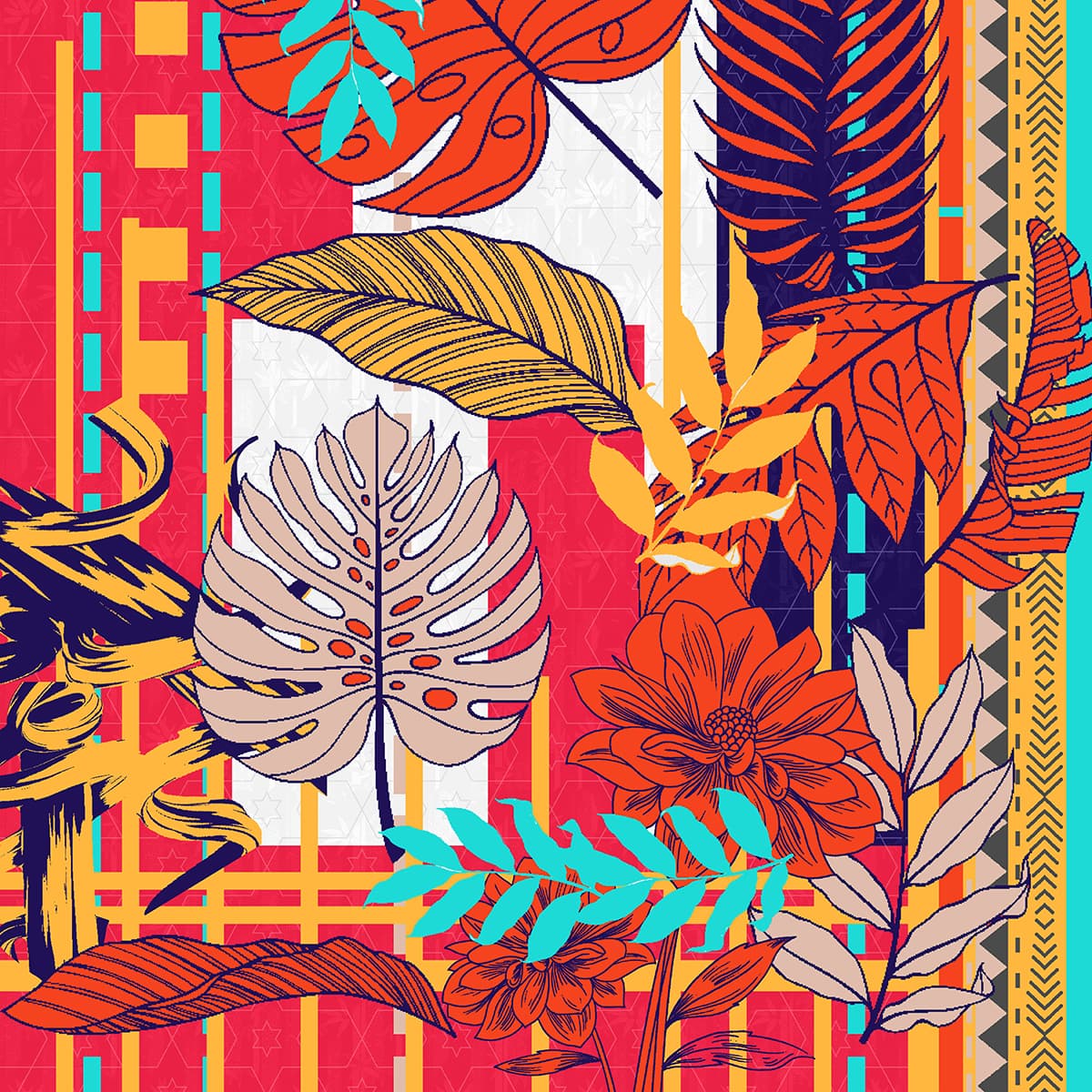 A colorful pattern with leaves pattern detail