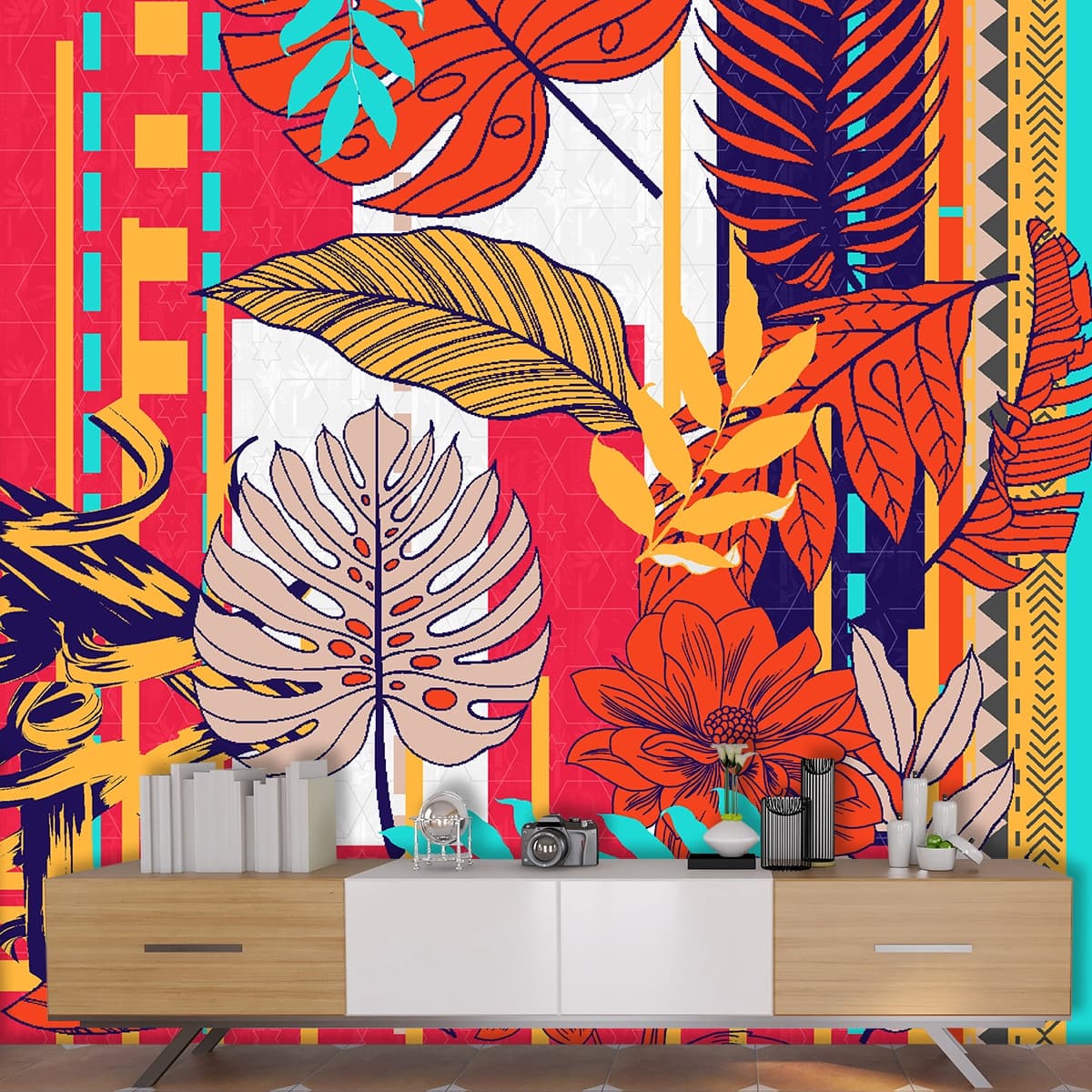 A colorful pattern with leaves shown in a room