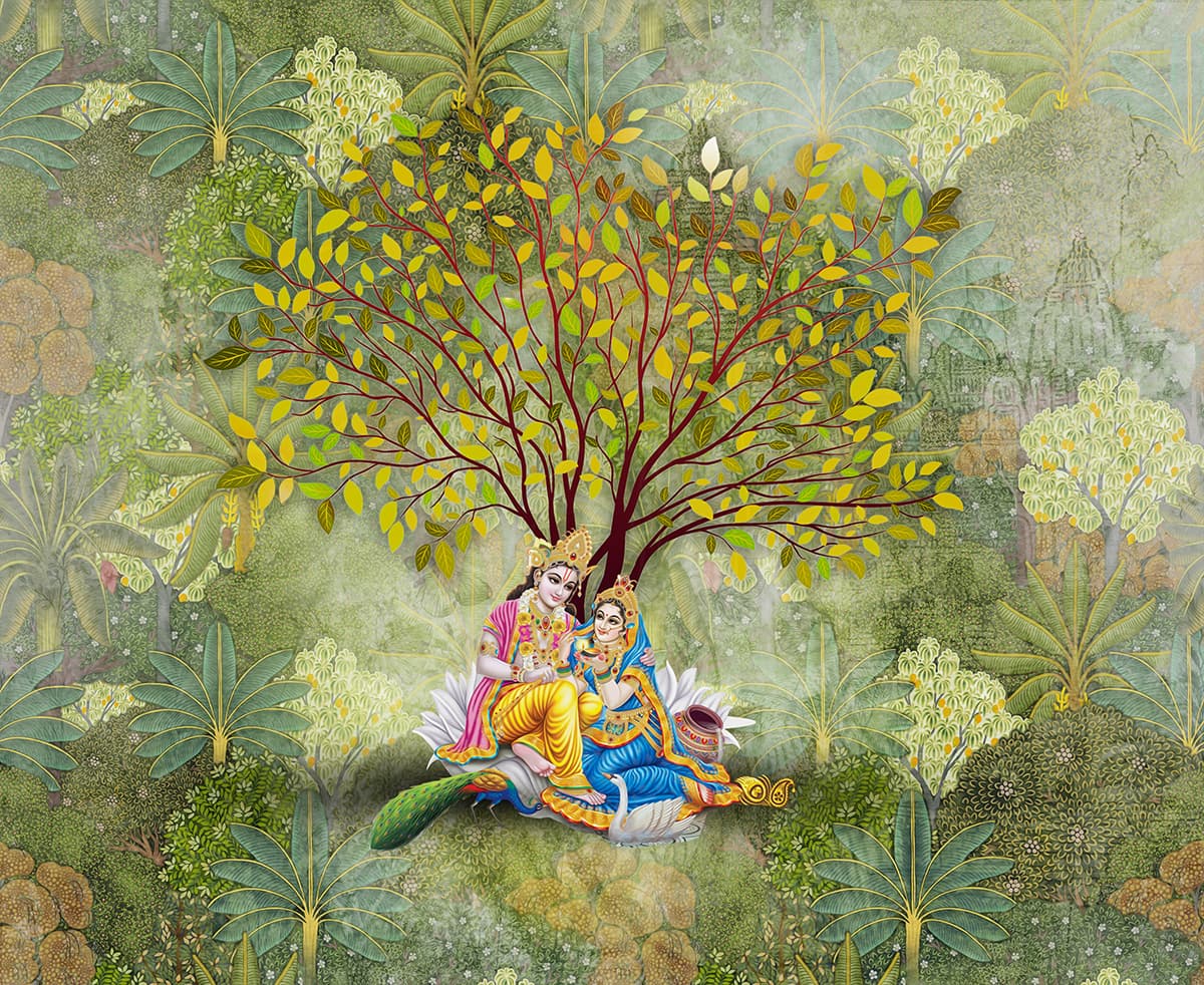 Yugal Chhavi, Serene Radha Krishna Wallpaper Mural pattern detail