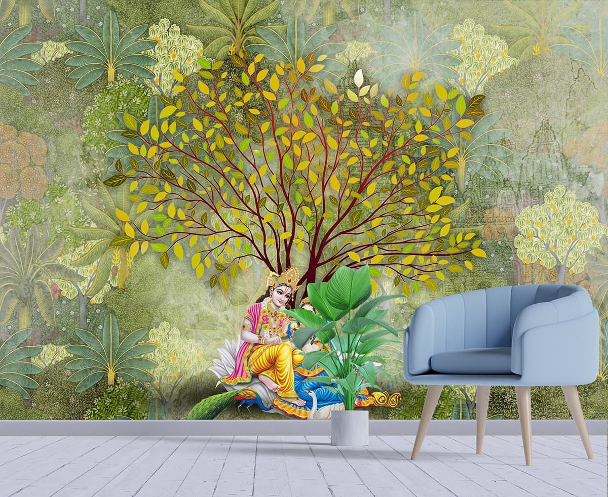 Yugal Chhavi, Serene Radha Krishna Wallpaper Mural shown in a room