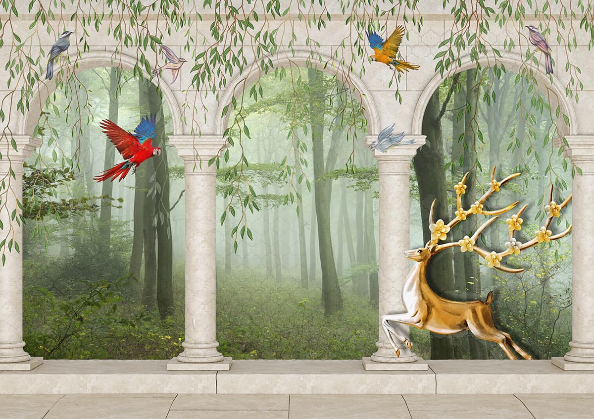 3D Deer and Birds Wallpaper Mural pattern detail
