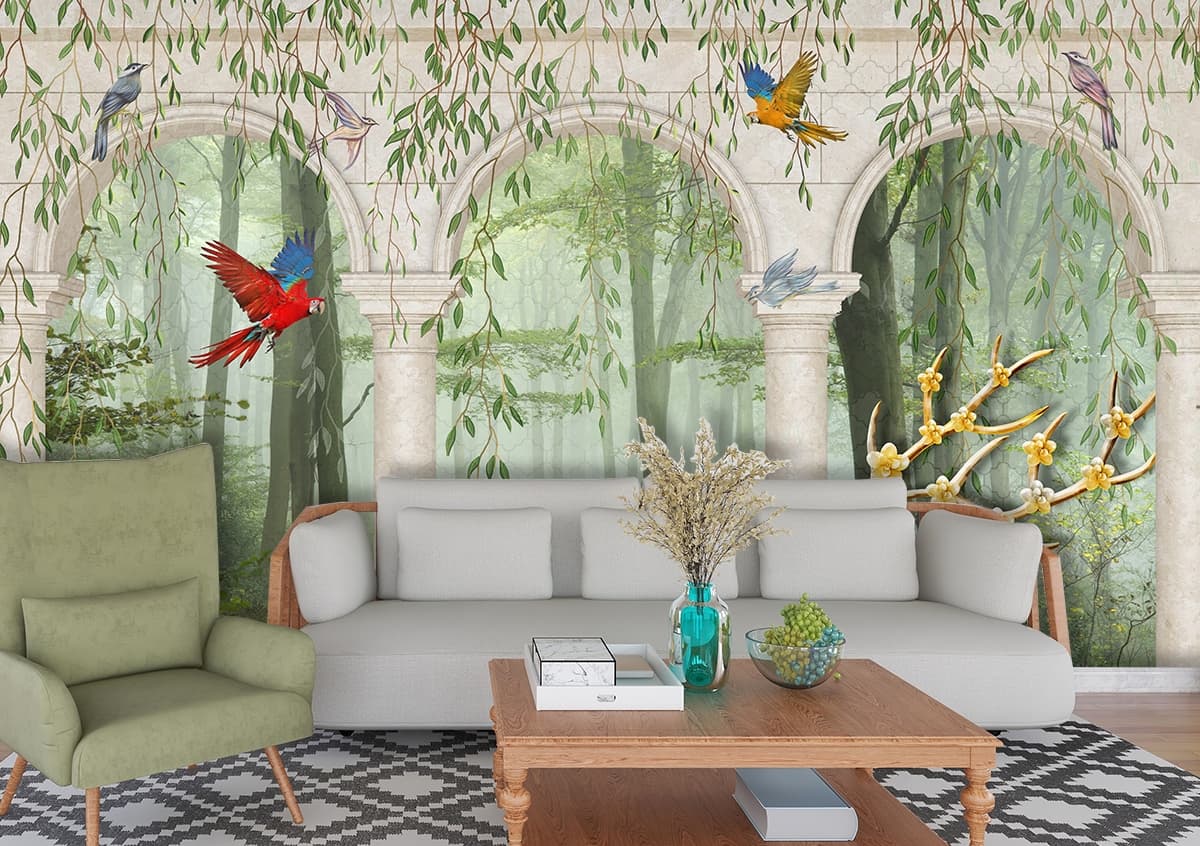 3D Deer and Birds Wallpaper Mural shown in a room