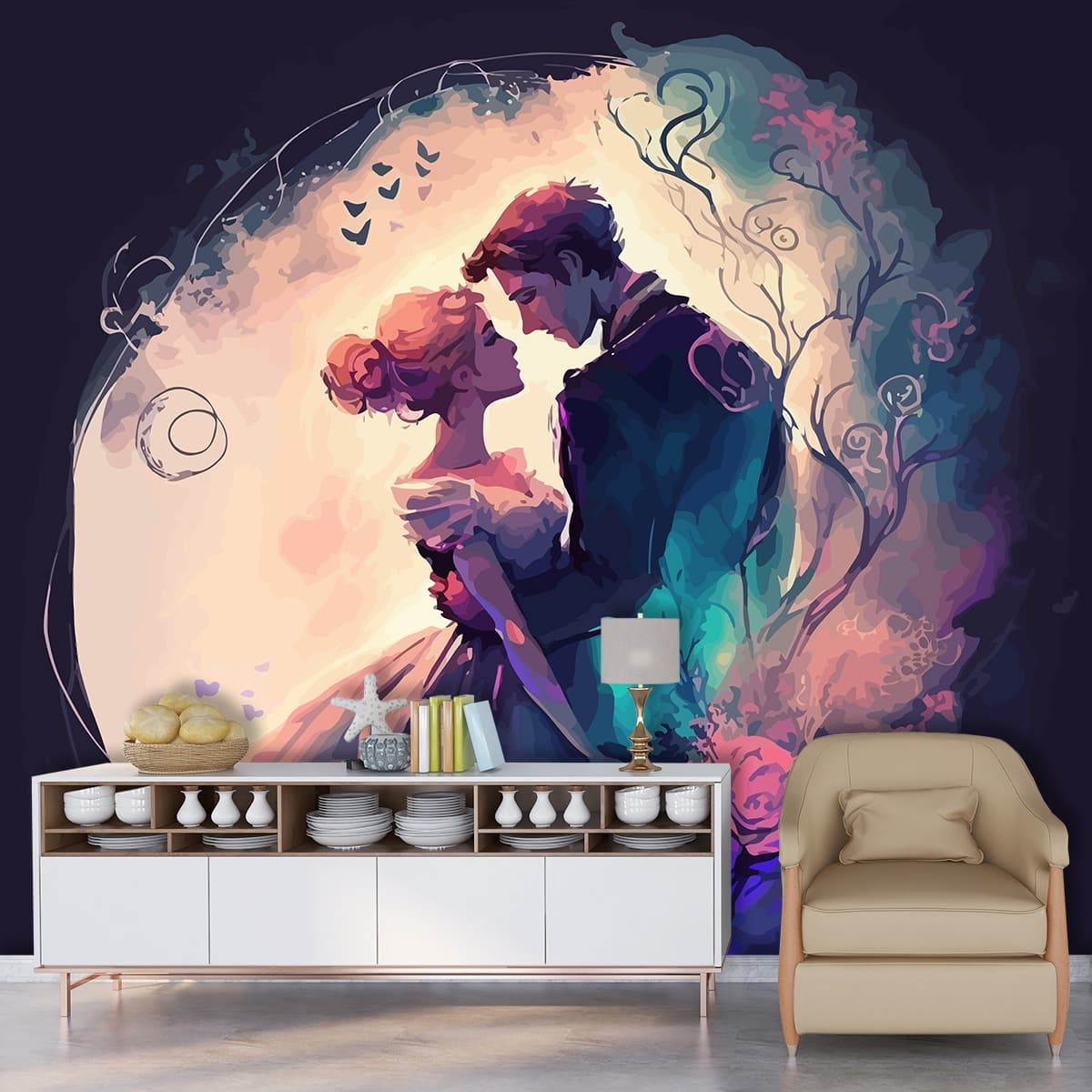Beautiful Couple Art Wallpaper Mural shown in a room