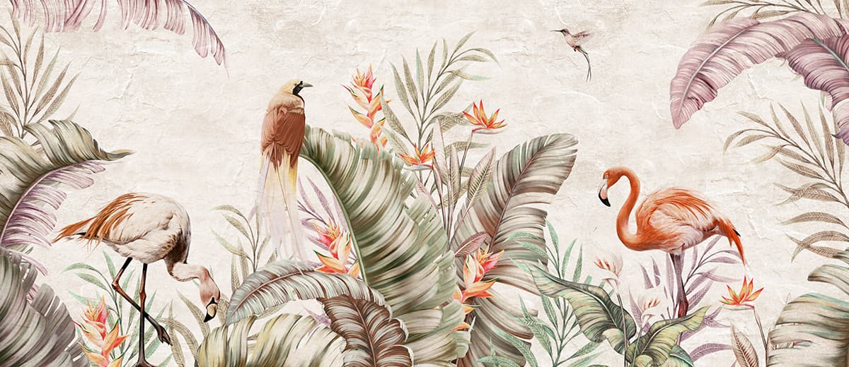 Kids Room Wallpaper, A wallpaper with birds and tropical plants pattern detail