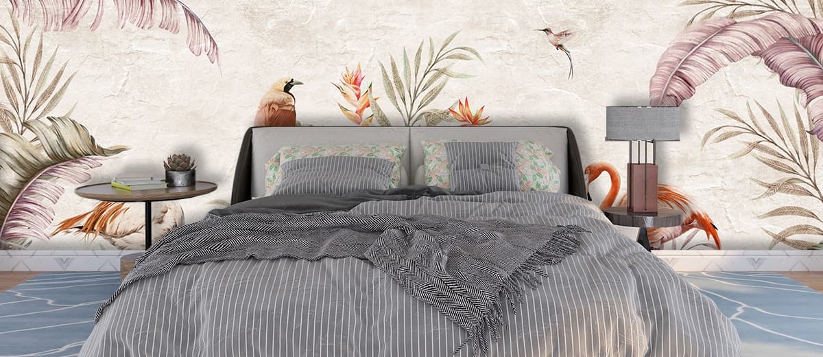 Kids Room Wallpaper, A wallpaper with birds and tropical plants shown in a room