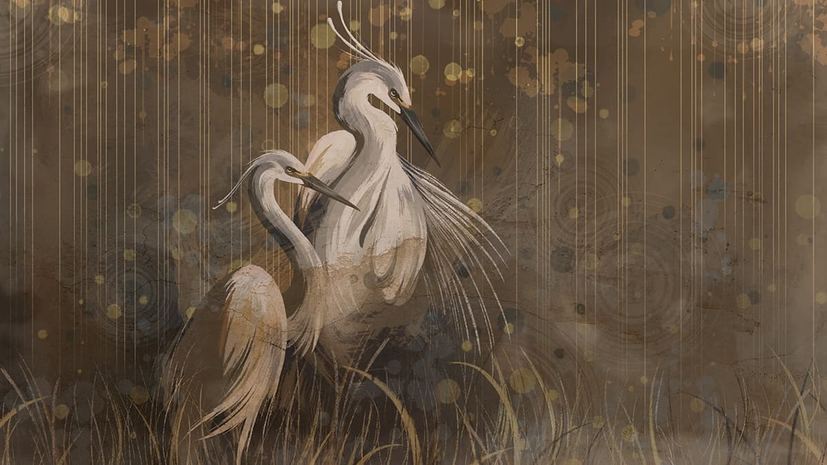 A painting of a couple of white birds pattern detail