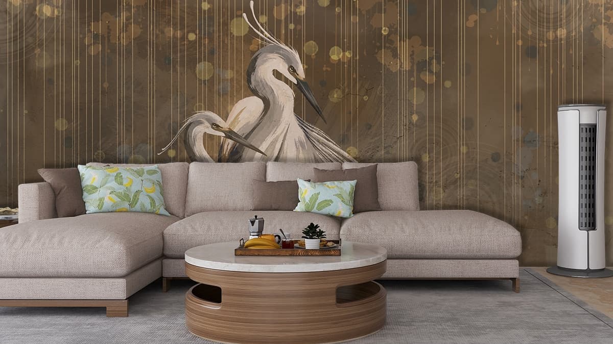 A painting of a couple of white birds shown in a room