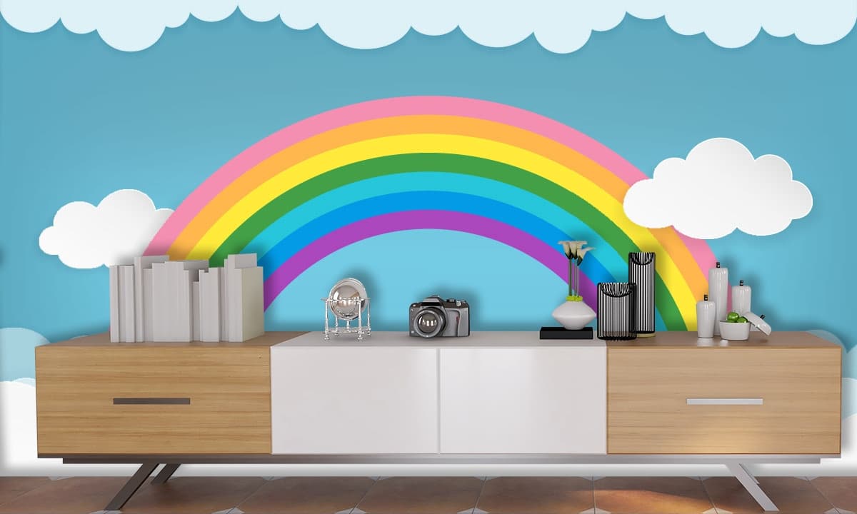 Colorful Rainbow in the Sky with Clouds Kids Wallpaper shown in a room