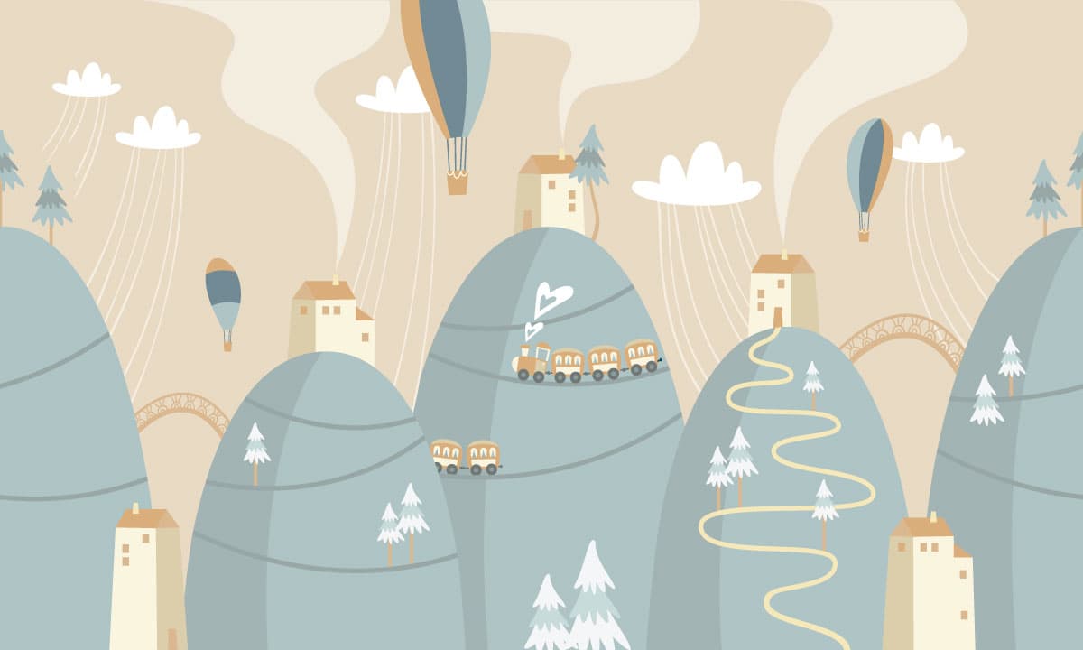 Cartoon Train Going Down a Hill Kids Room Wallpaper pattern detail