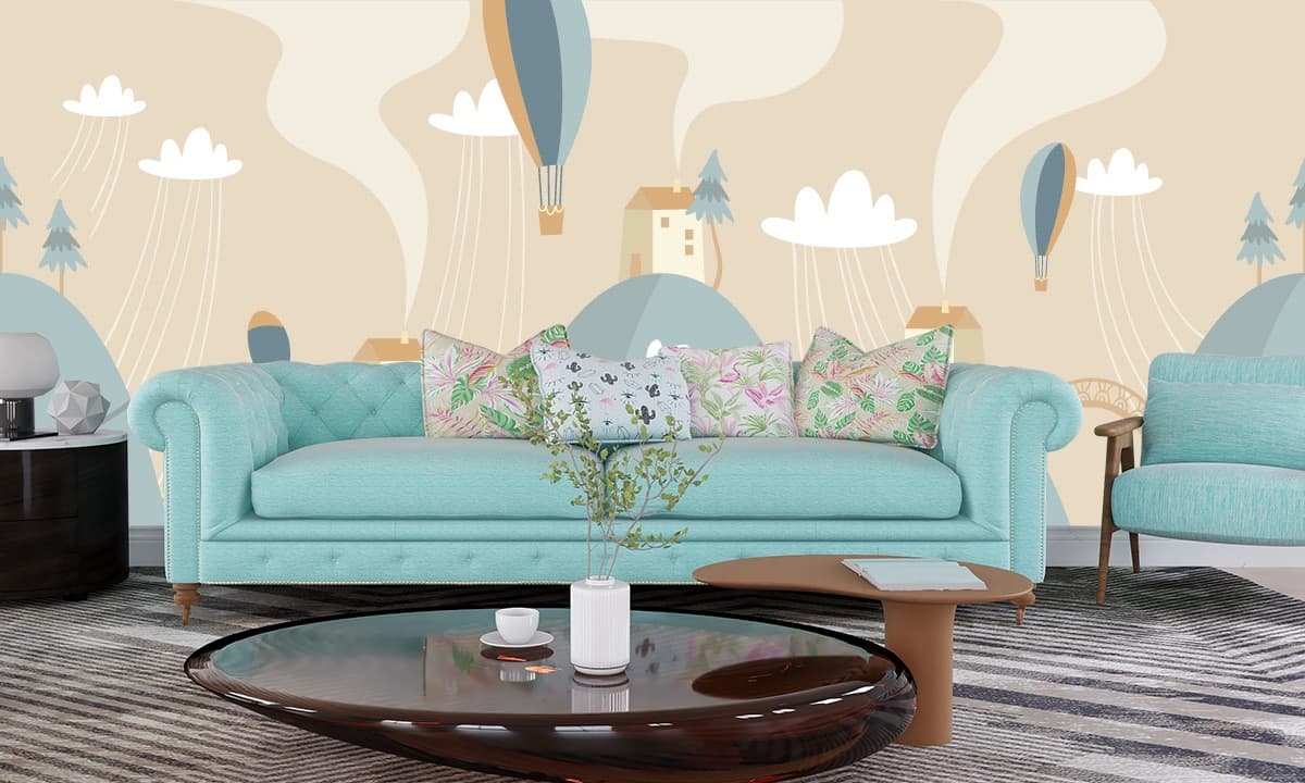 Cartoon Train Going Down a Hill Kids Room Wallpaper shown in a room