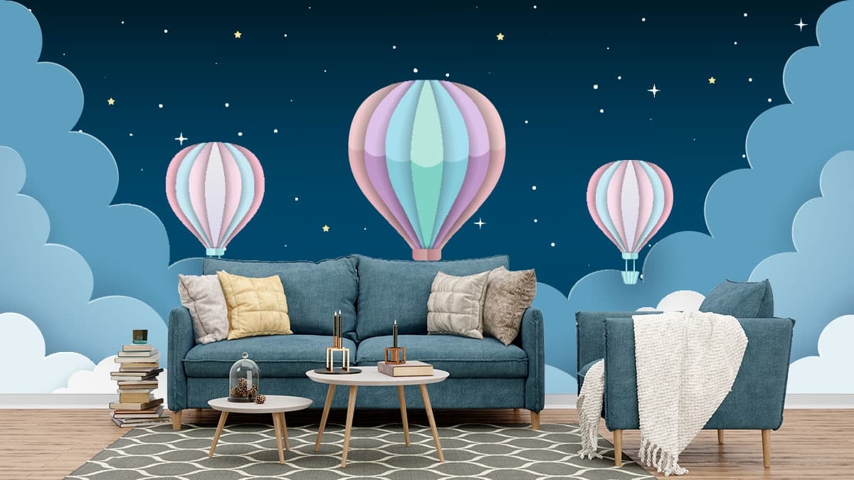 Paper Cut Hot Air Balloons Dreamy Sky Kids Wallpaper shown in a room