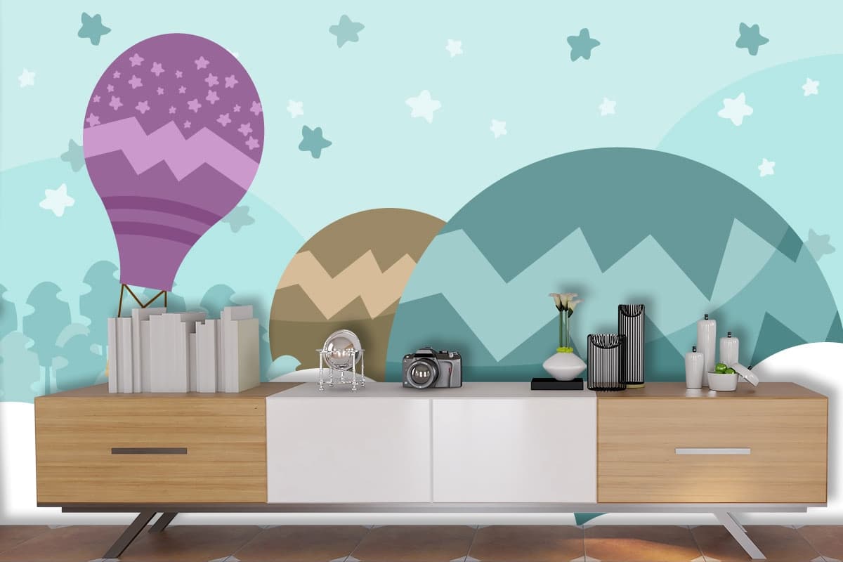Hot Air Balloon and Stars Cartoon Wallpaper for Kids shown in a room