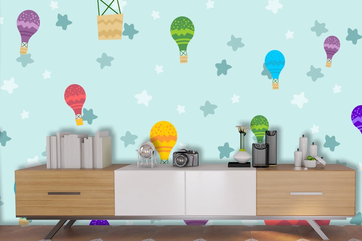 Hot Air Balloons Pattern Dreamy Wallpaper shown in a room
