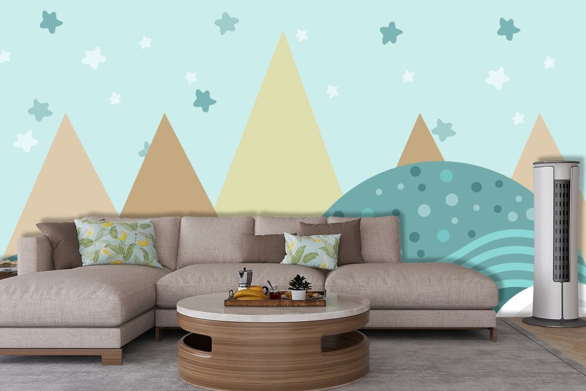 Beautiful Bridge Over Cloudy Mountains Wallpaper shown in a room