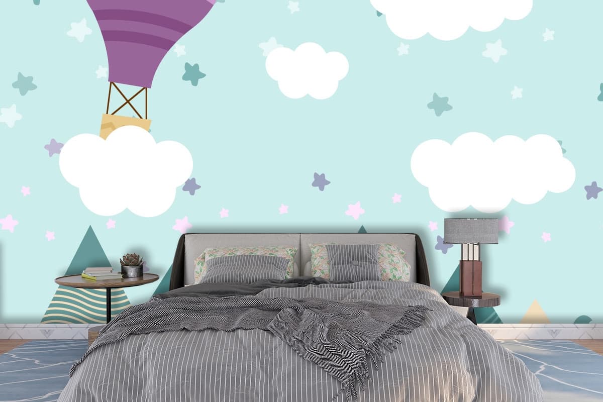 Cartoon Hot Air Balloon in the Sky Kids Wallpaper shown in a room