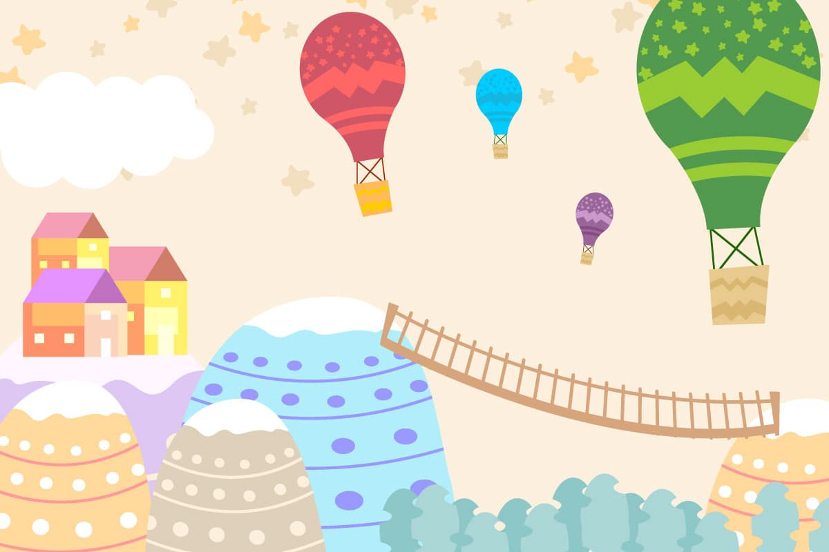 Cartoon Landscape Wallpaper with Hot Air Balloons pattern detail