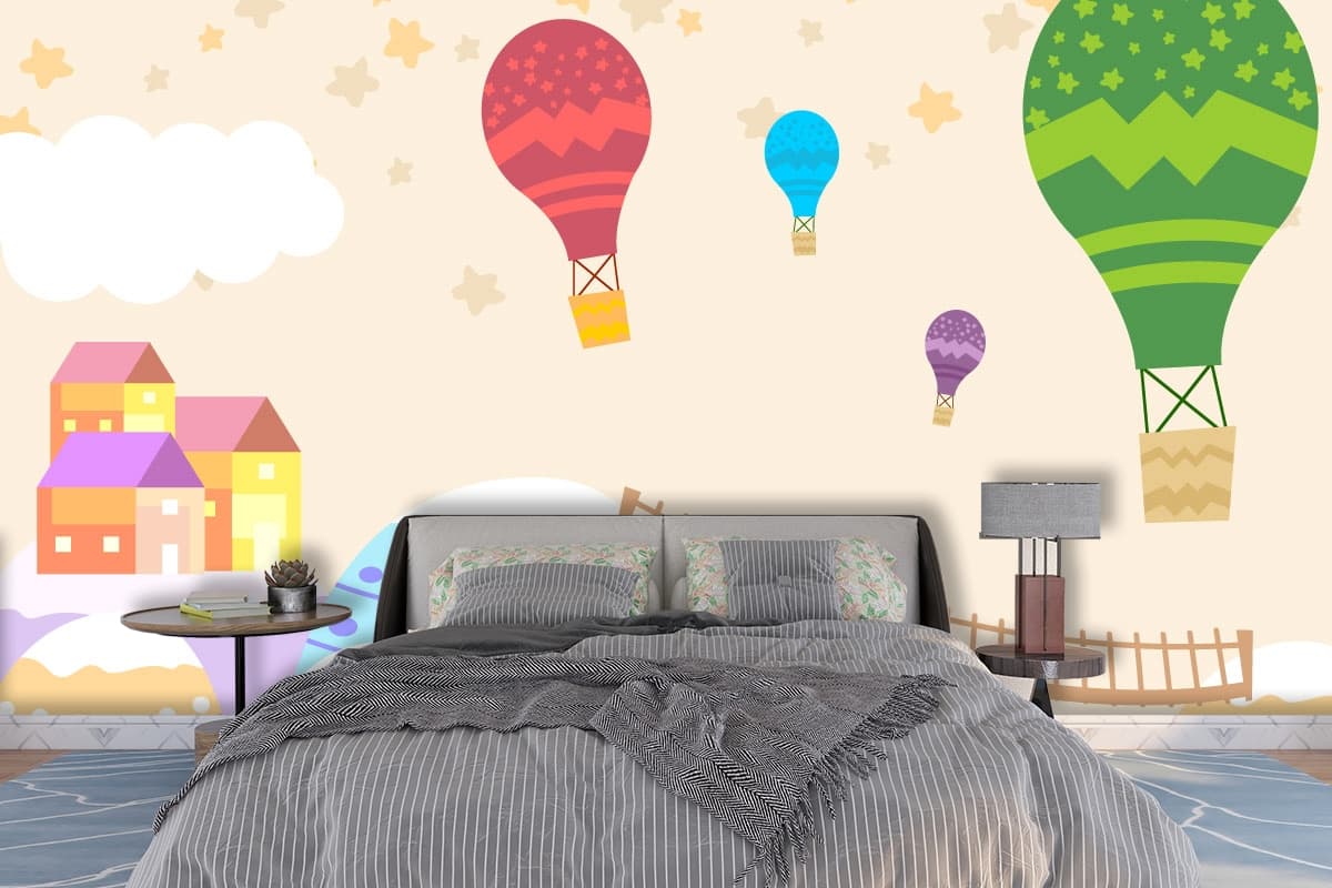 Cartoon Landscape Wallpaper with Hot Air Balloons shown in a room