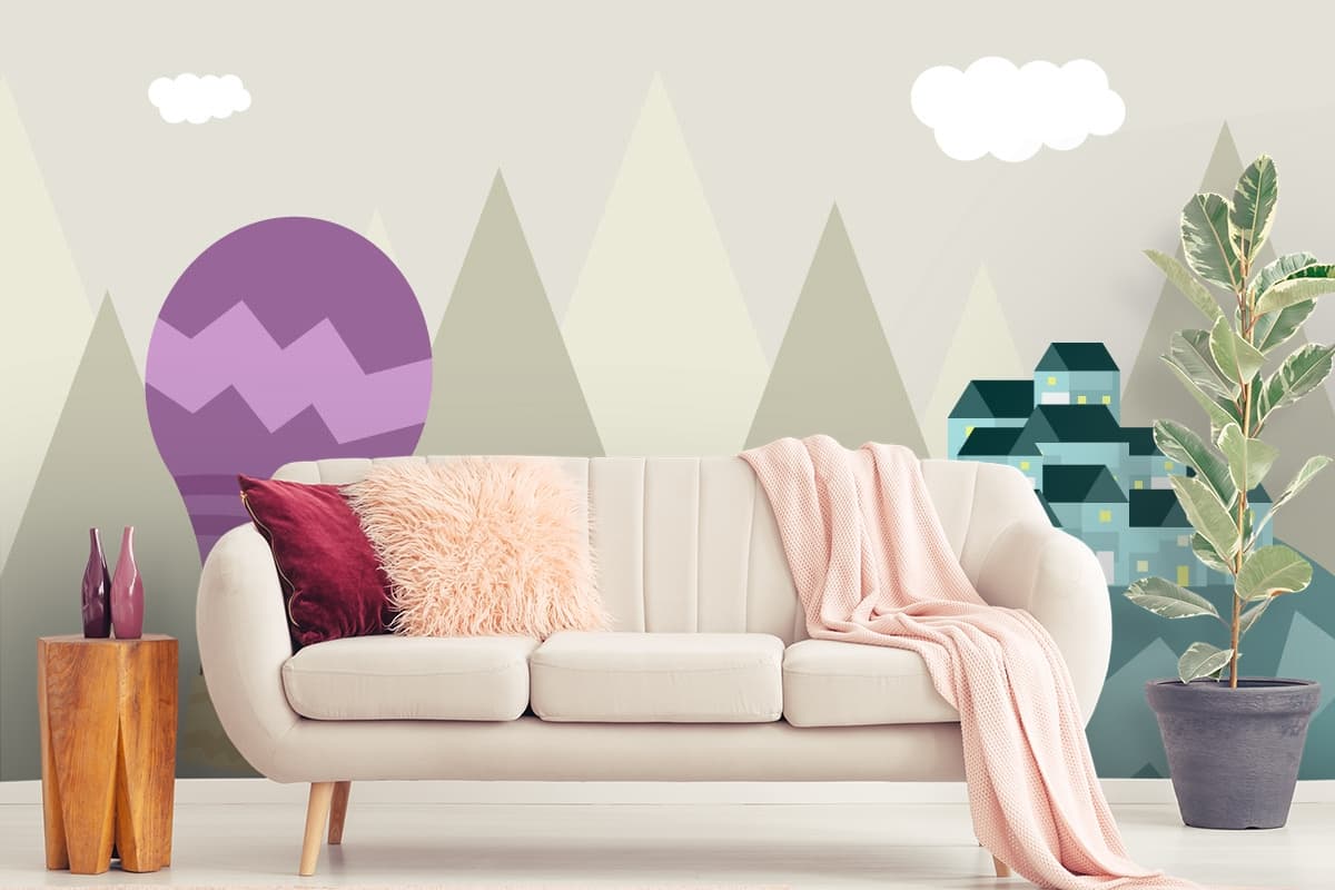 Hot Air Balloon Flying Over Mountains Wallpaper shown in a room