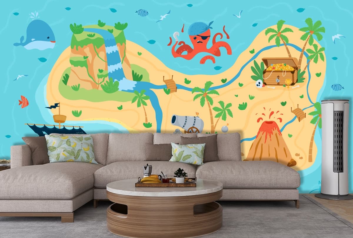 Fun Pirate Map Treasure Island Wallpaper shown in a room