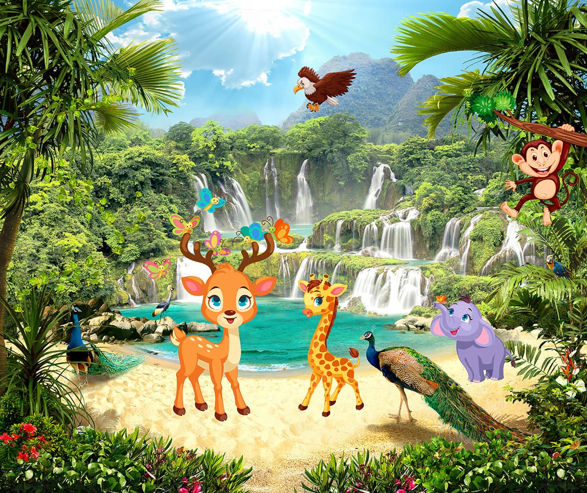 Cute Animals in Tropical Forest Kids Wallpaper pattern detail