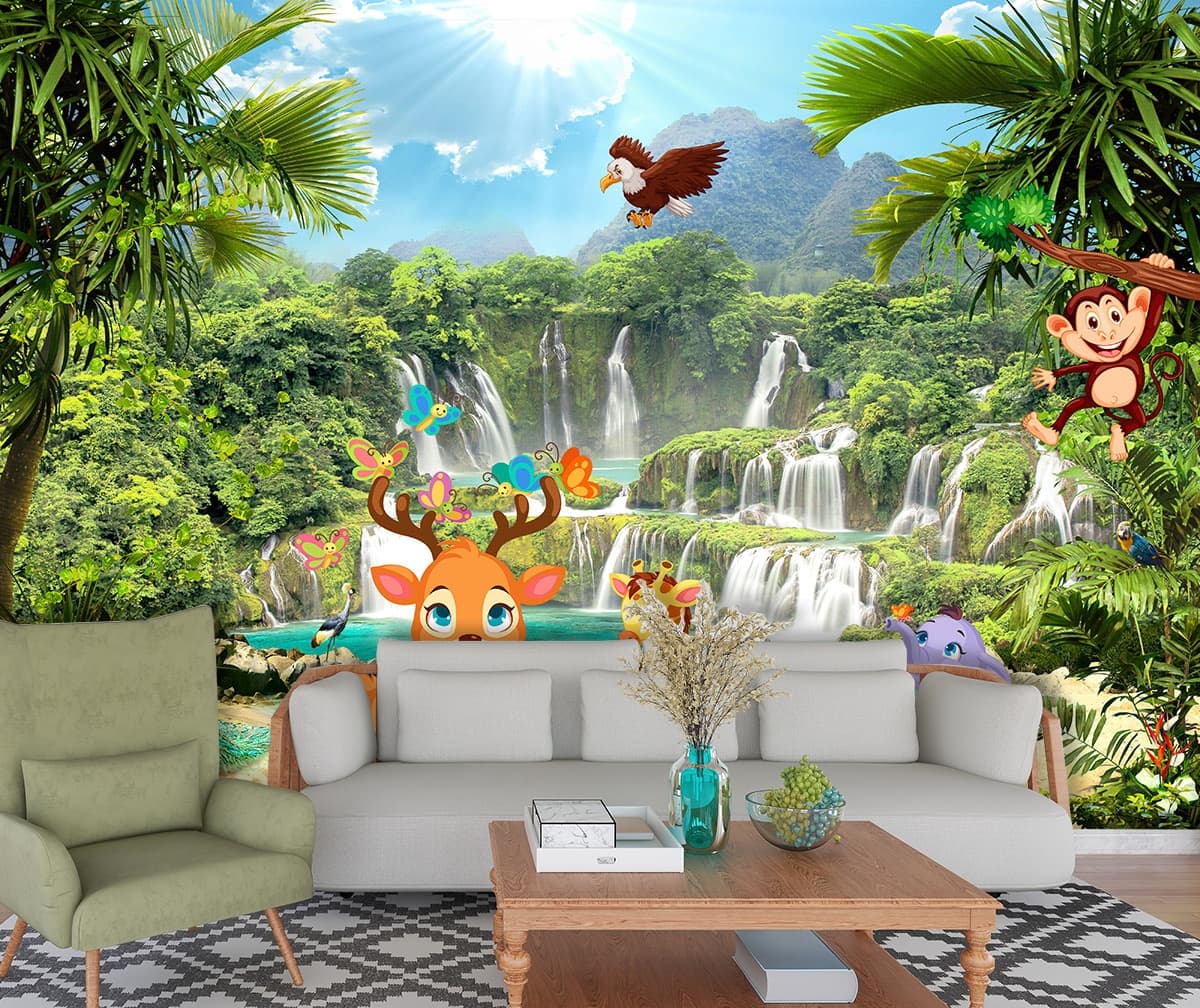 Cute Animals in Tropical Forest Kids Wallpaper shown in a room