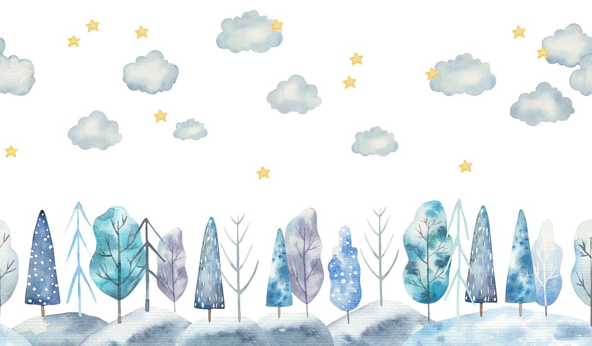 Watercolor Trees and Clouds Nature Style Wallpaper pattern detail