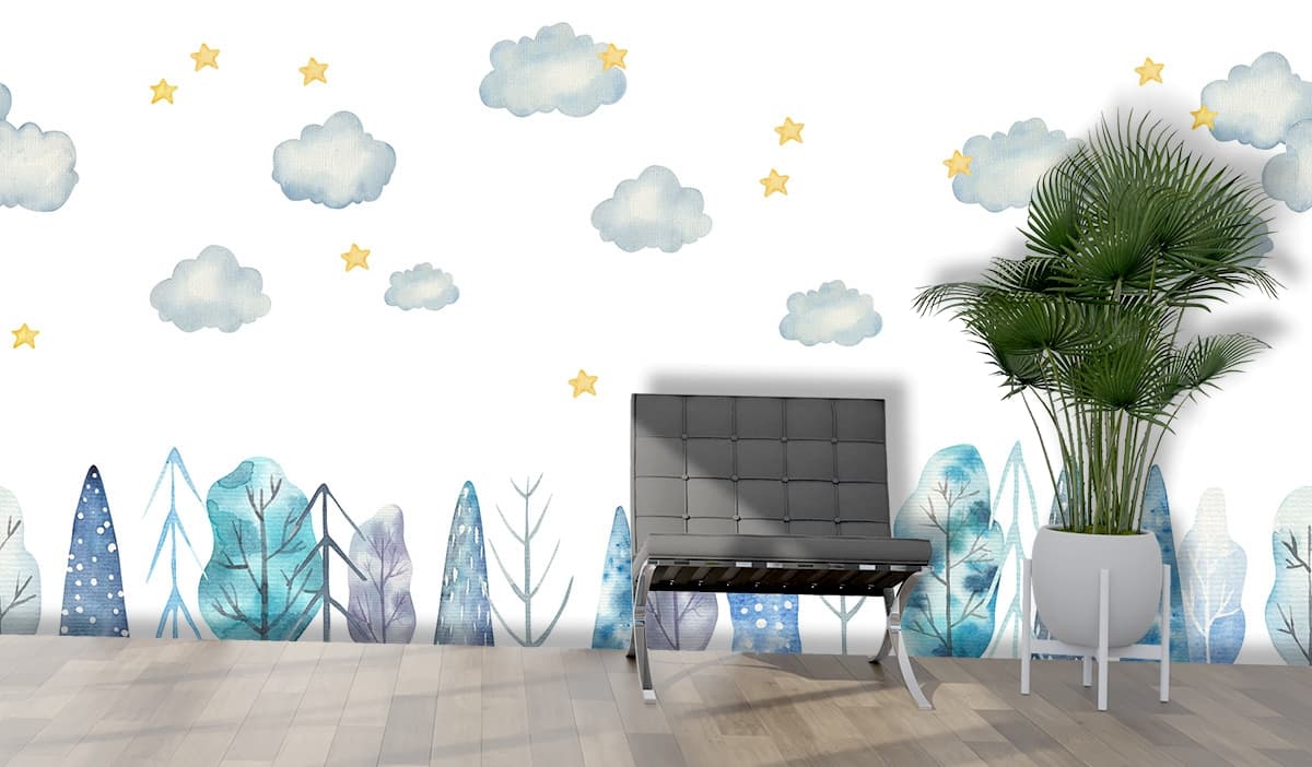 Watercolor Trees and Clouds Nature Style Wallpaper shown in a room